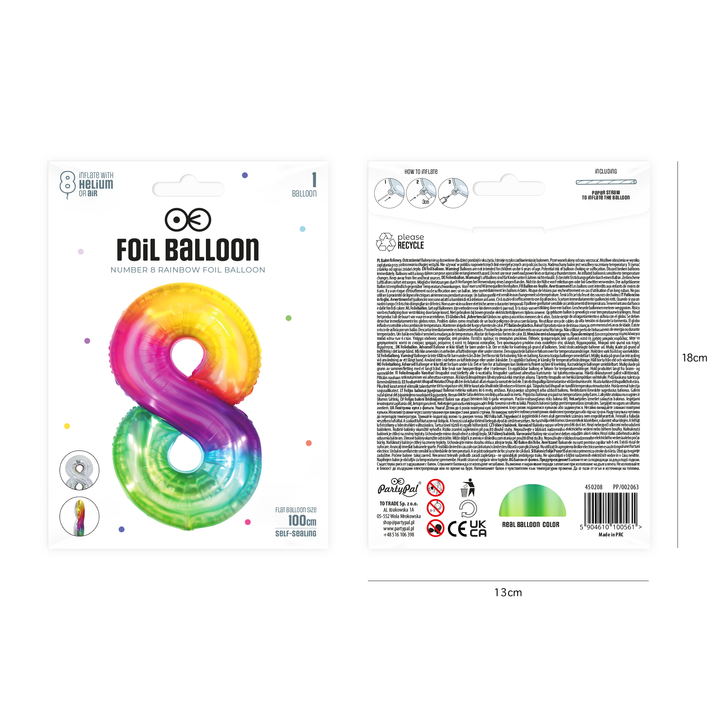 Balon foliowy cyfra 8 tęczowy 100cm