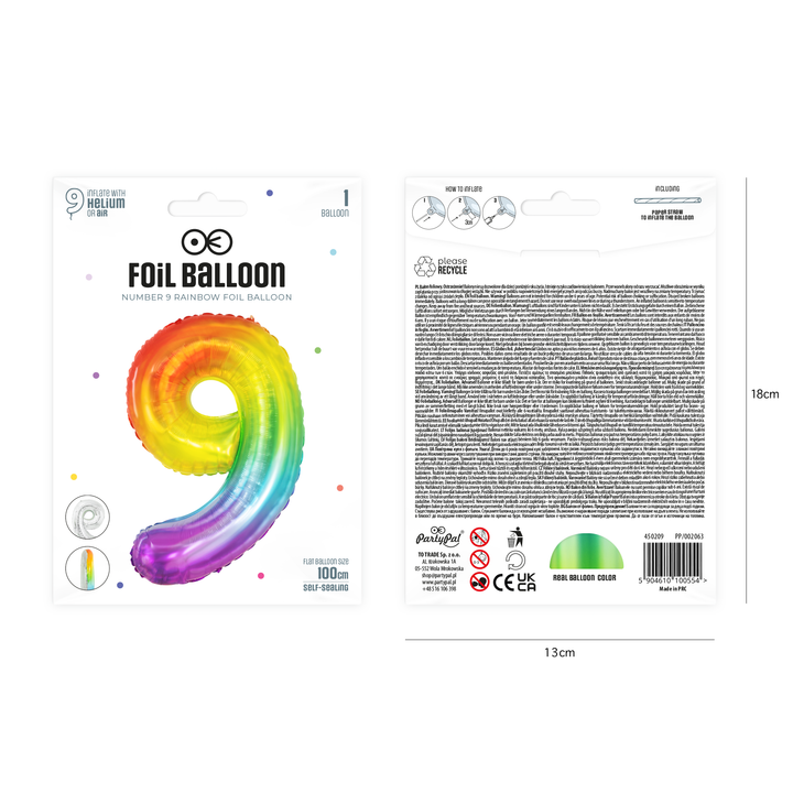 Balon foliowy cyfra 9 tęczowy 100cm