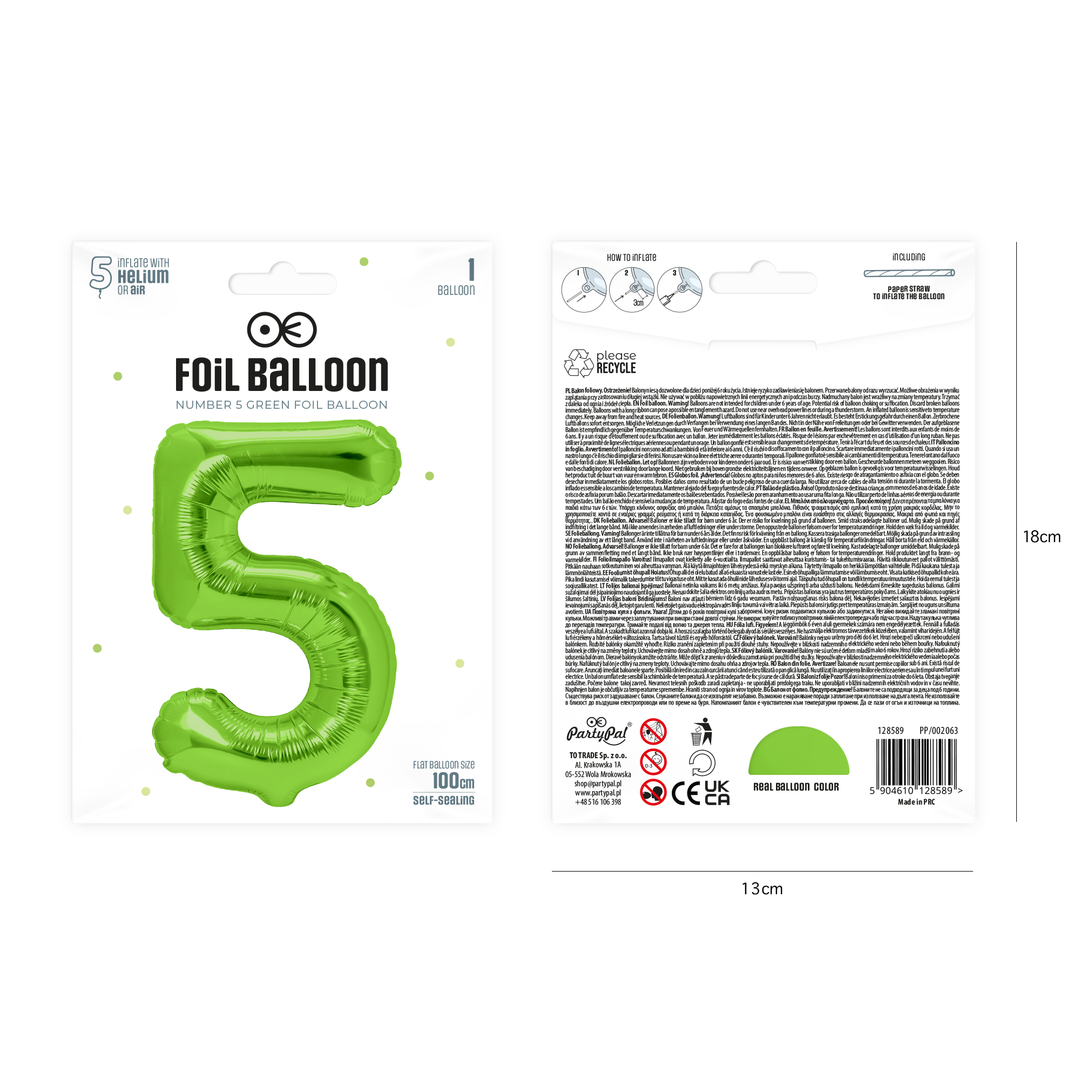 Balon foliowy cyfra 5 zielony 100cm