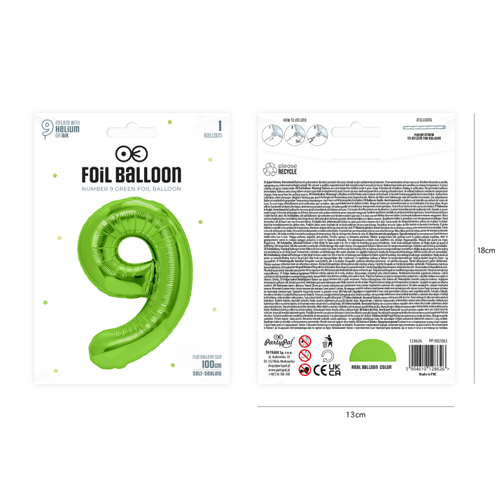 Balon foliowy cyfra 9 zielony 100cm