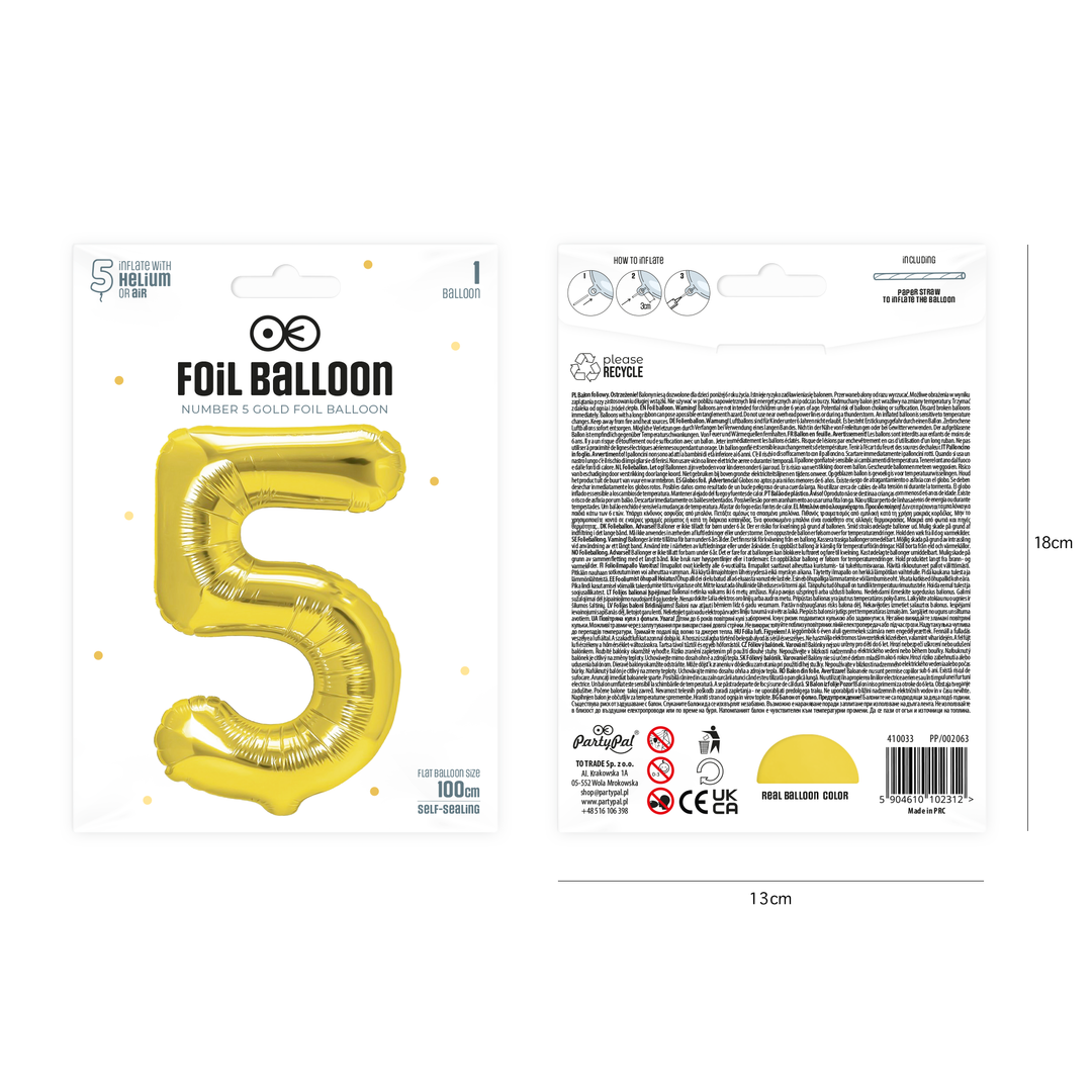 Balon foliowy cyfra 5 złoty 100cm