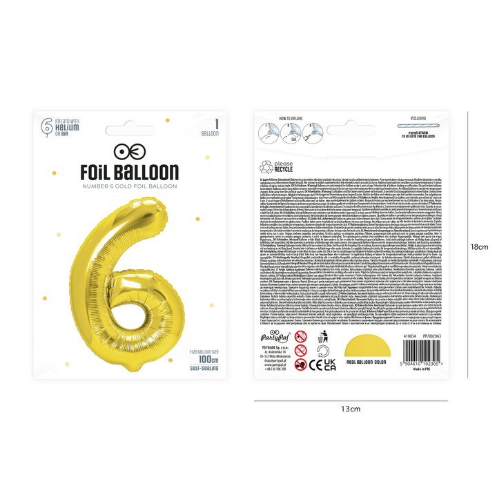 Folienballon Zahl 6 gold 100 cm