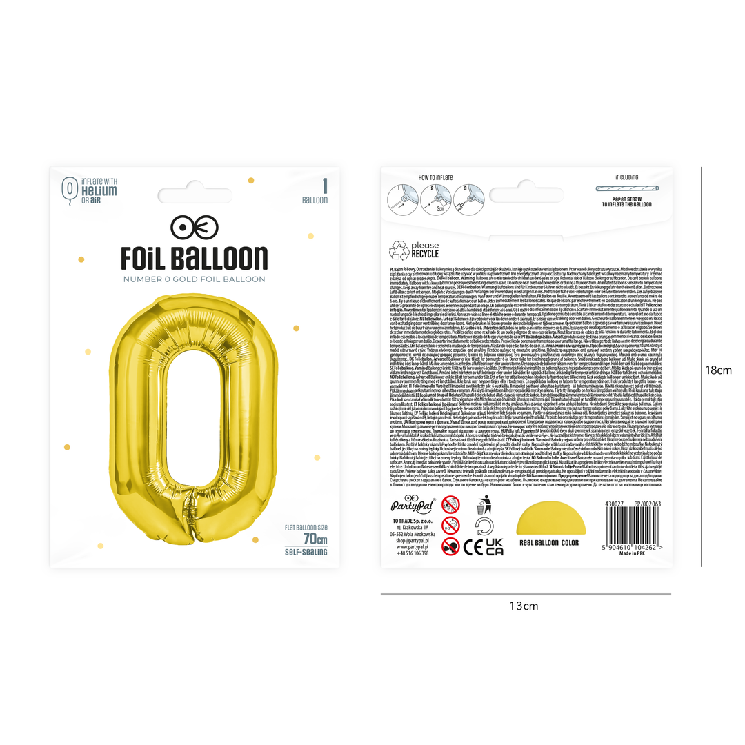 Balon foliowy cyfra 0 złoty 70cm