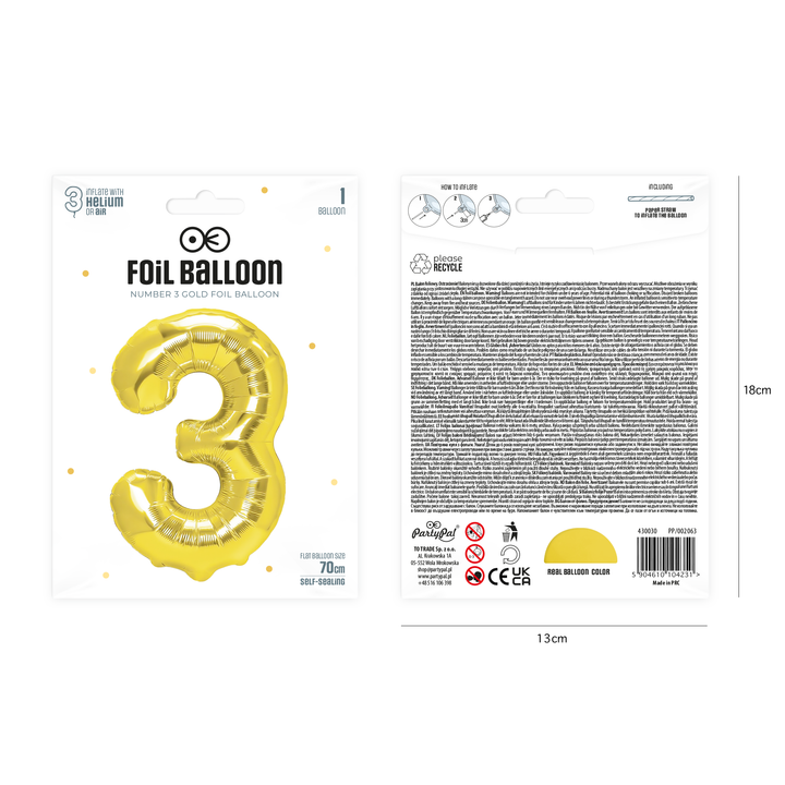Balon foliowy cyfra 3 złoty 70cm