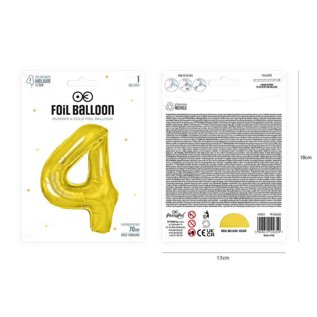Balon foliowy cyfra 4 złoty 70cm