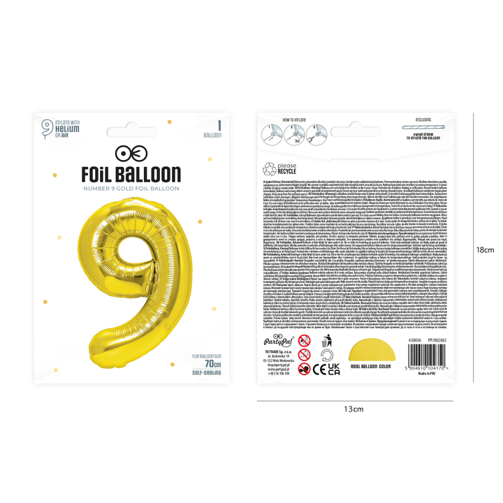 Balon foliowy cyfra 9 złoty 70cm