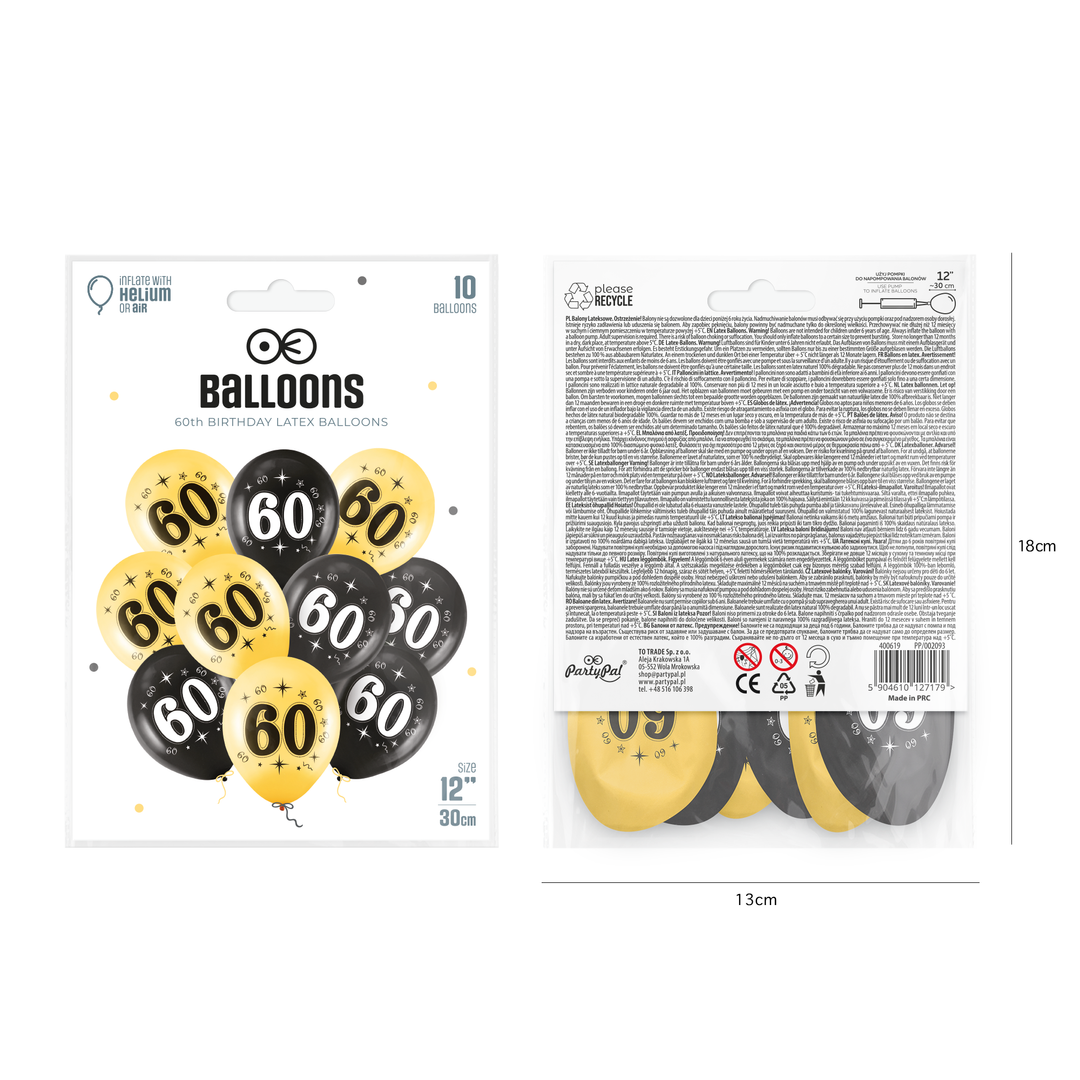 Balony złote czarne 60 urodziny 12cali 10szt.