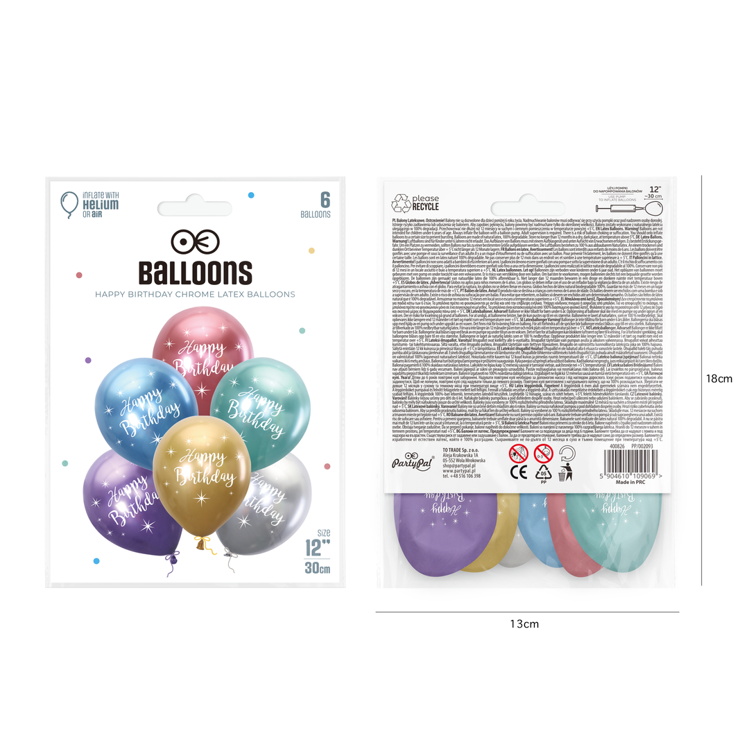 Balony Happy Birthday 12cali mix kolor chrom 6szt