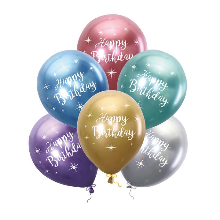 Balony Happy Birthday 12cali mix kolor chrom 6szt