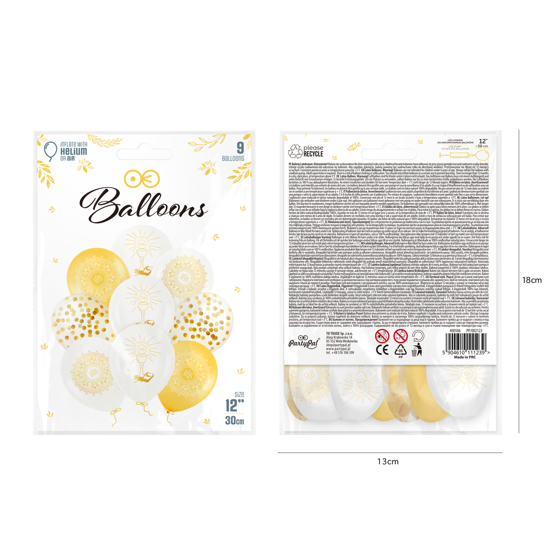Balony komunijne IHS biało-złote 12cali 9szt. zestaw