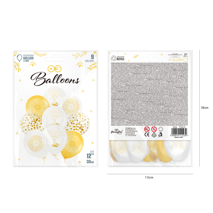 Balony komunijne IHS biało-złote 12cali 9szt. zestaw