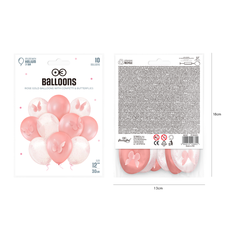 Balony z motylami i konfetti różowe 12cali 10szt.