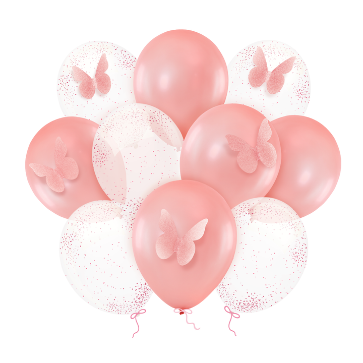 Balony z motylami i konfetti różowe 12cali 10szt.
