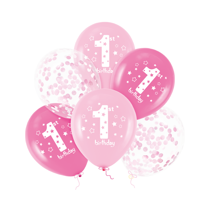 Balony Roczek Birthday różowe 12cali 6szt. mix