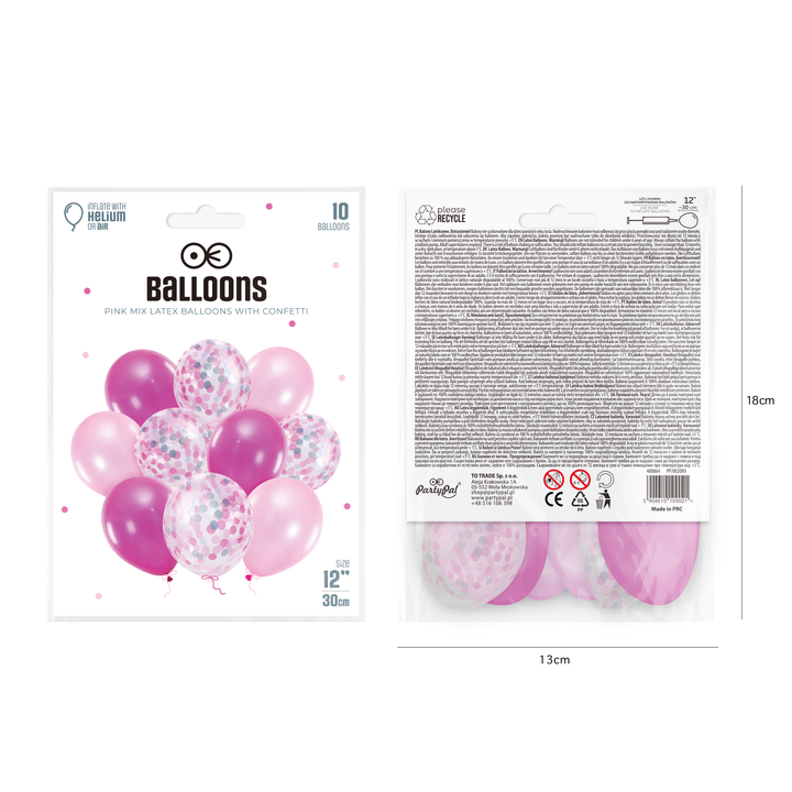 Balony 12 cali różowe mix z konfetti 10szt