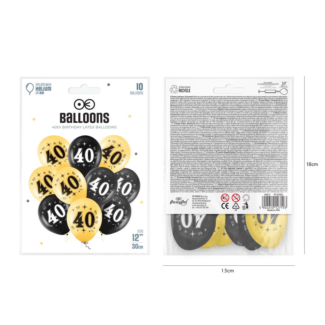 Balony złote czarne 40 urodziny 12cali 10szt.