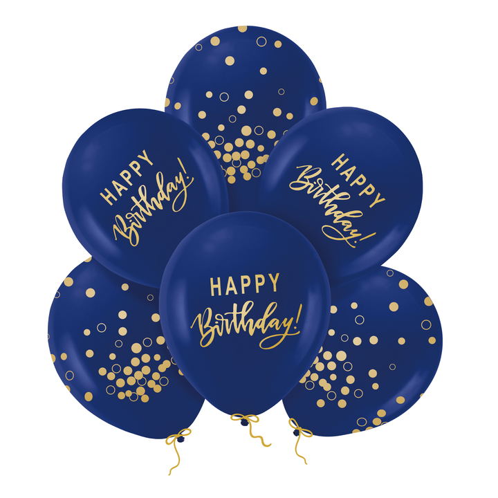 Балони Happy Birthday тъмносини и златни 12 инча 6 бр. комплект