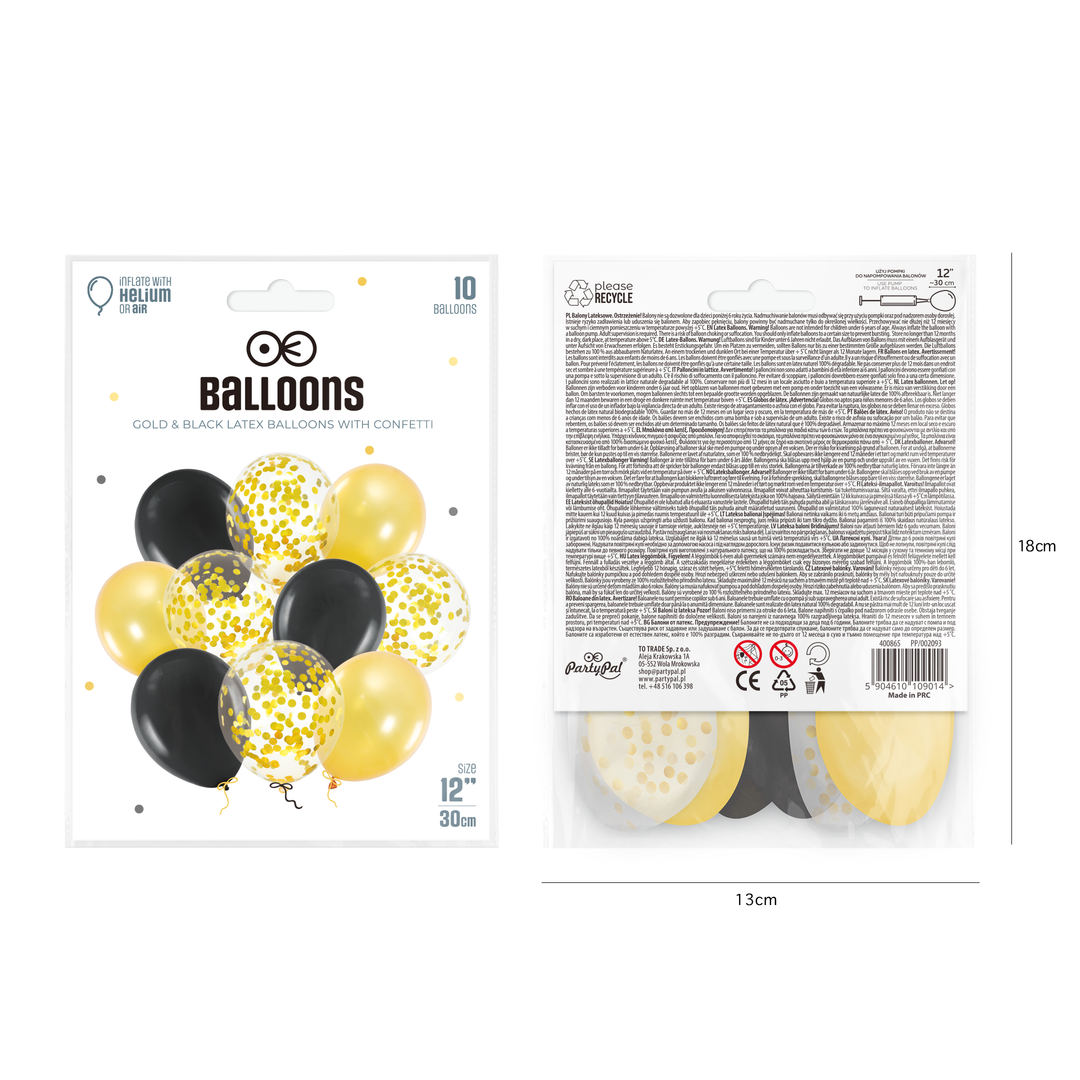 Balony 12 cali złoto-czarne mix z konfetti 10szt.