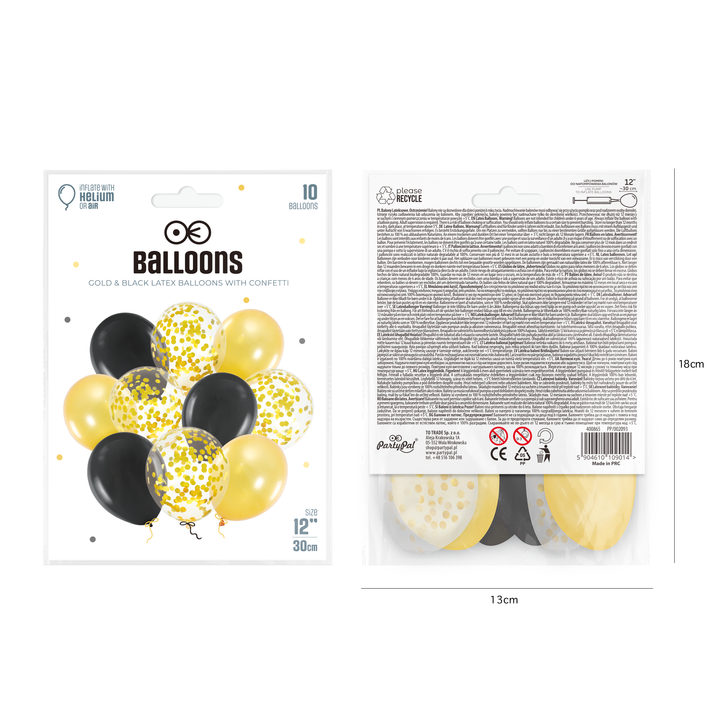 Balony 12 cali złoto-czarne mix z konfetti 10szt.