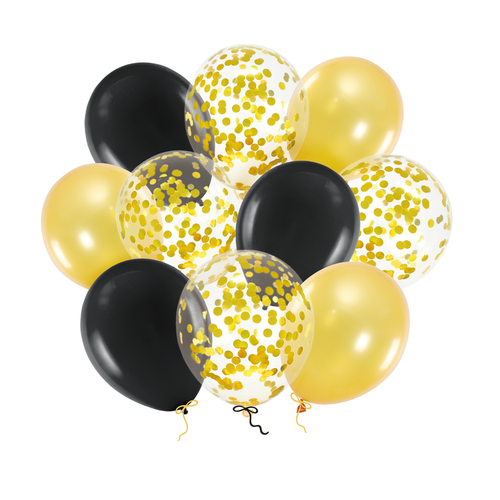 Balony 12 cali złoto-czarne mix z konfetti 10szt.