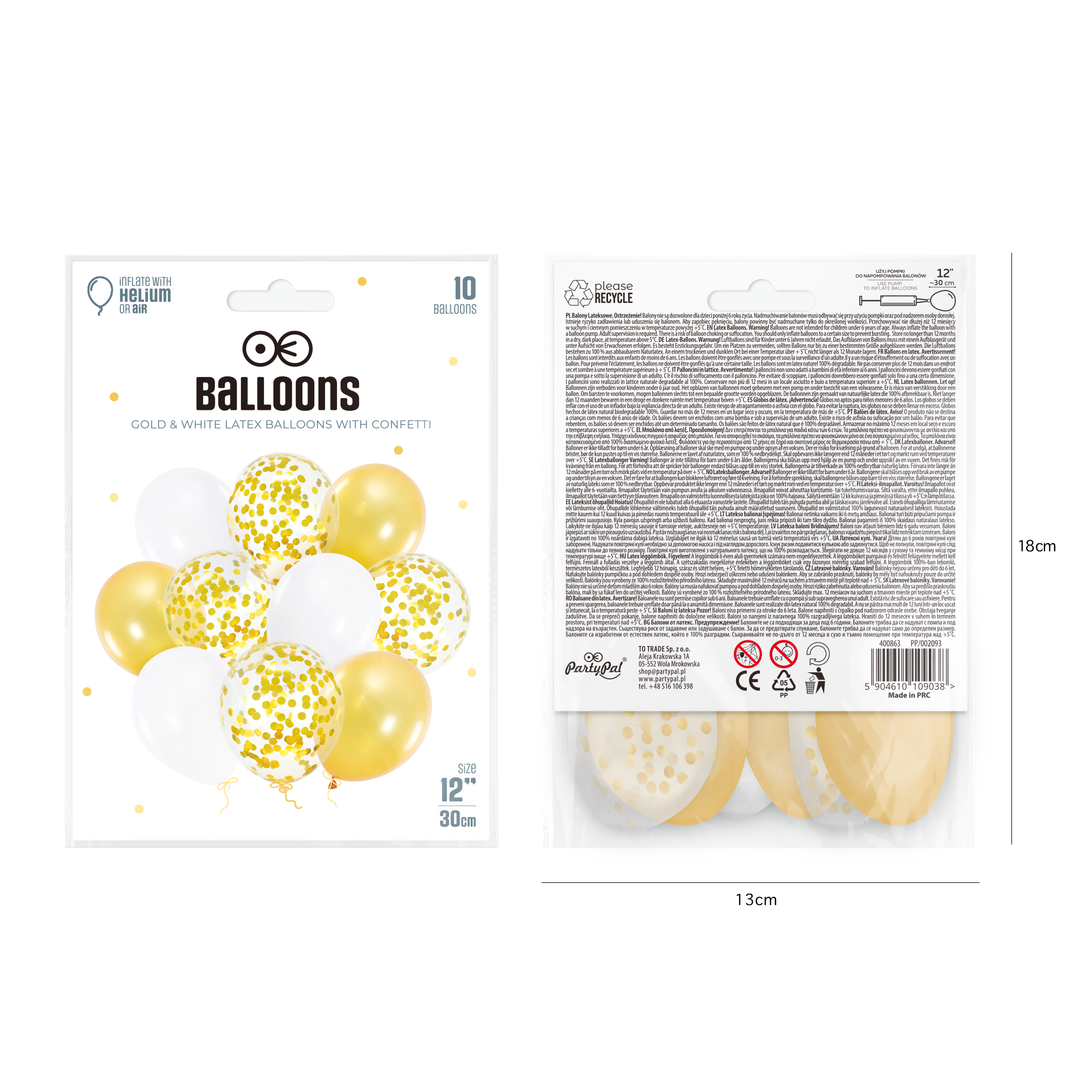 Balony 12 cali złote mix z konfetti 10szt