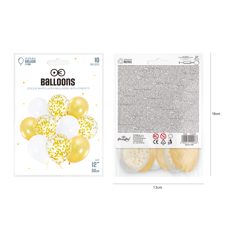 Balony 12 cali złote mix z konfetti 10szt