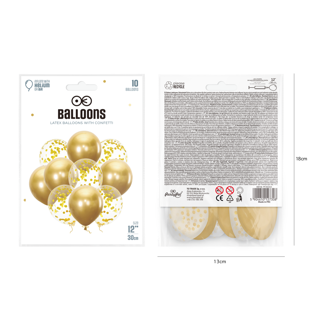 Balony złote 12cali z konfetti 10szt