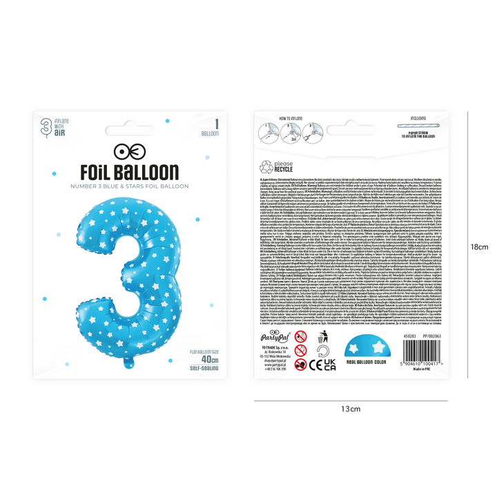 Balon foliowy Gwiazdki cyfra 3 niebieski 40cm