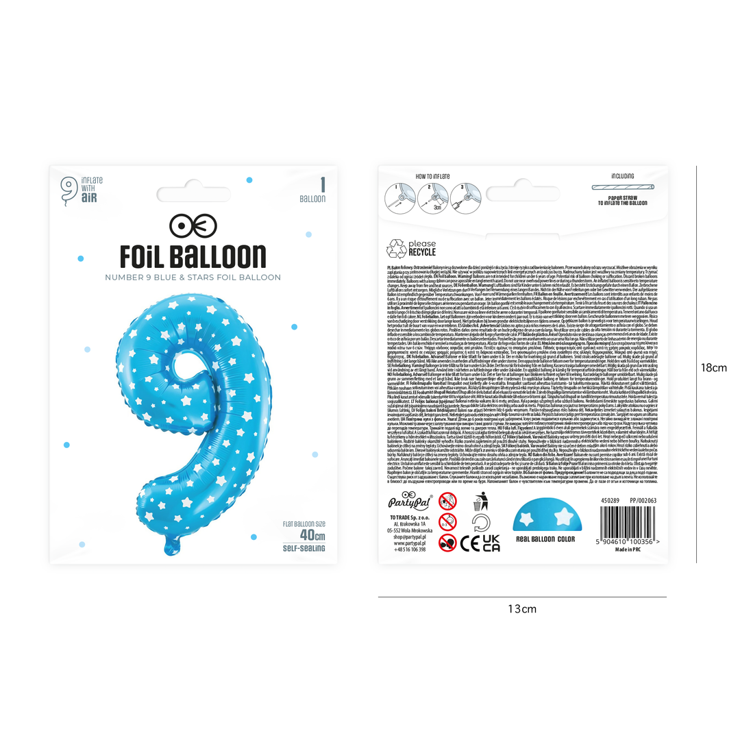 Balon foliowy Gwiazdki cyfra 9 niebieski 40cm