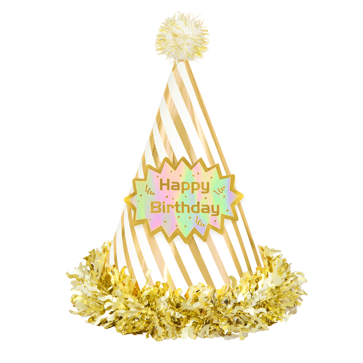 Czapeczka urodzinowa z pomponem Happy Birthday w paski biało-złota 1 szt.