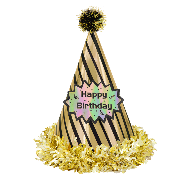 Czapeczka urodzinowa z pomponem Happy Birthday w paski czarno-złota 1 szt.