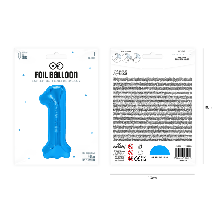 Balon foliowy cyfra 1 ciemnoniebieski 40cm