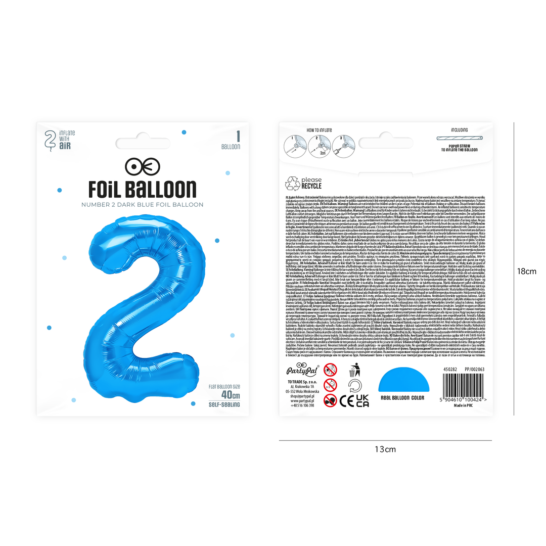Balon foliowy cyfra 2 ciemnoniebieski 40cm