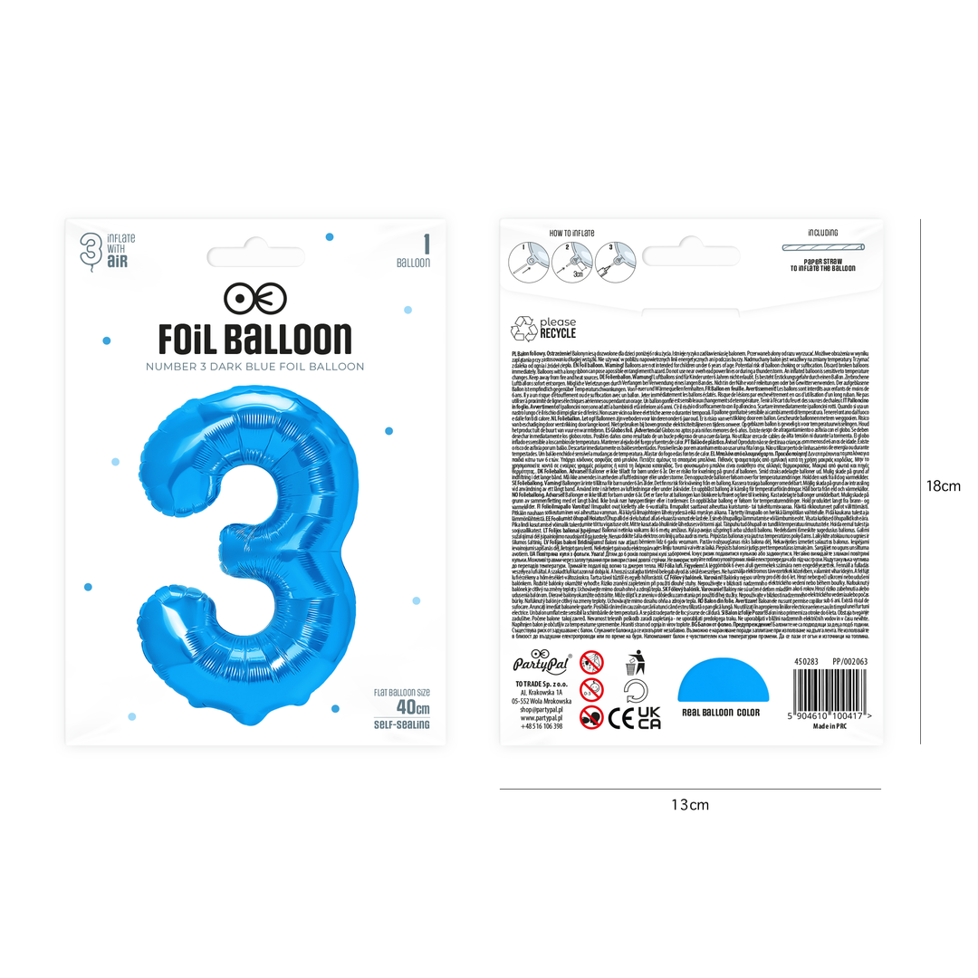 Balon foliowy cyfra 3 ciemnoniebieski 40cm