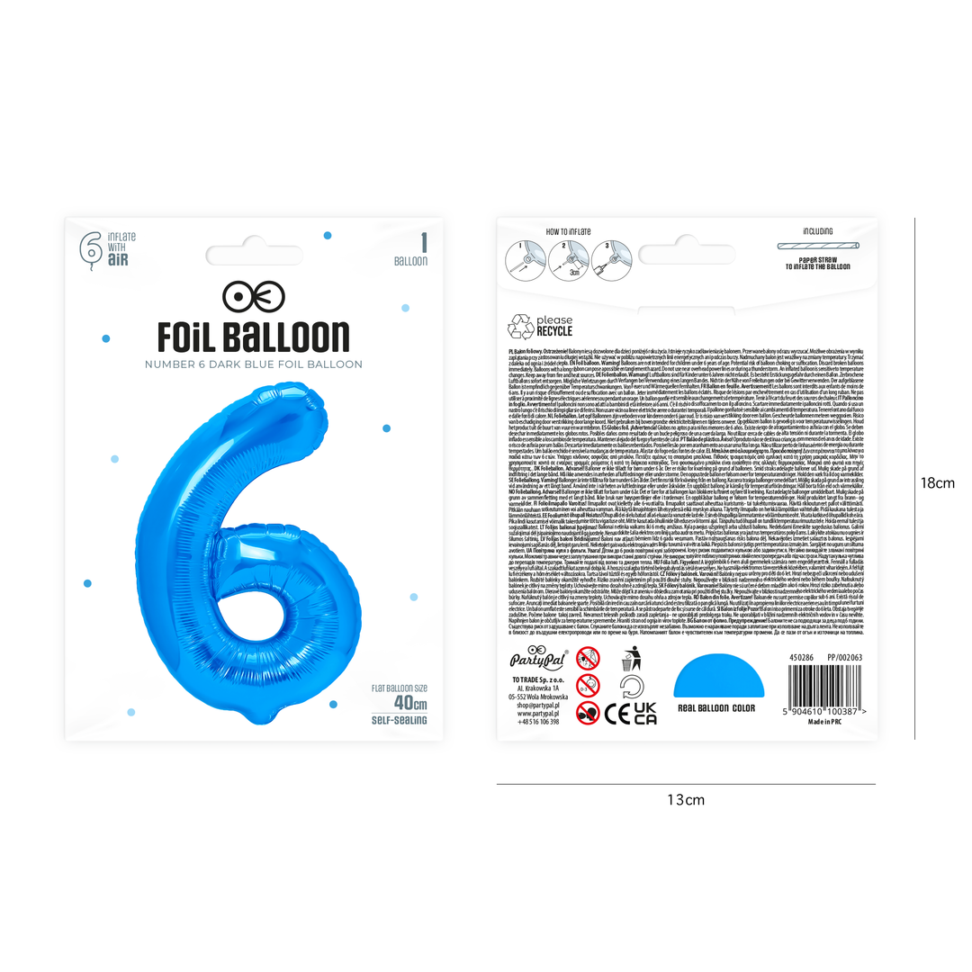 Balon foliowy cyfra 6 ciemnoniebieski 40cm