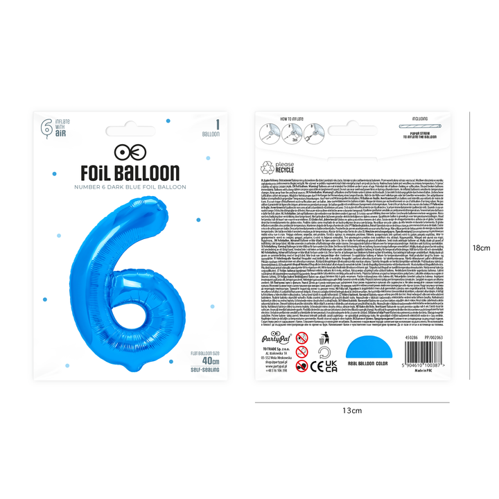 Balon foliowy cyfra 6 ciemnoniebieski 40cm