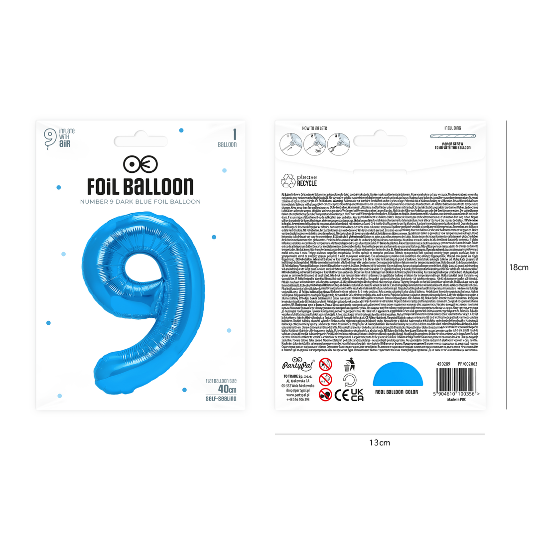 Balon foliowy cyfra 9 ciemnoniebieski 40cm