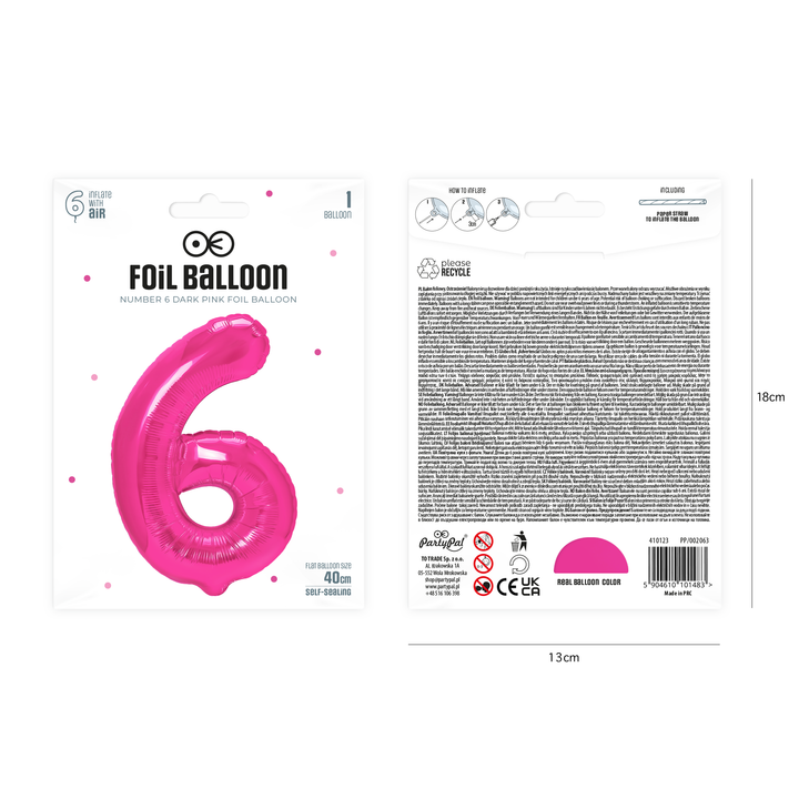 Balon foliowy cyfra 6 ciemnoróżowy 40cm