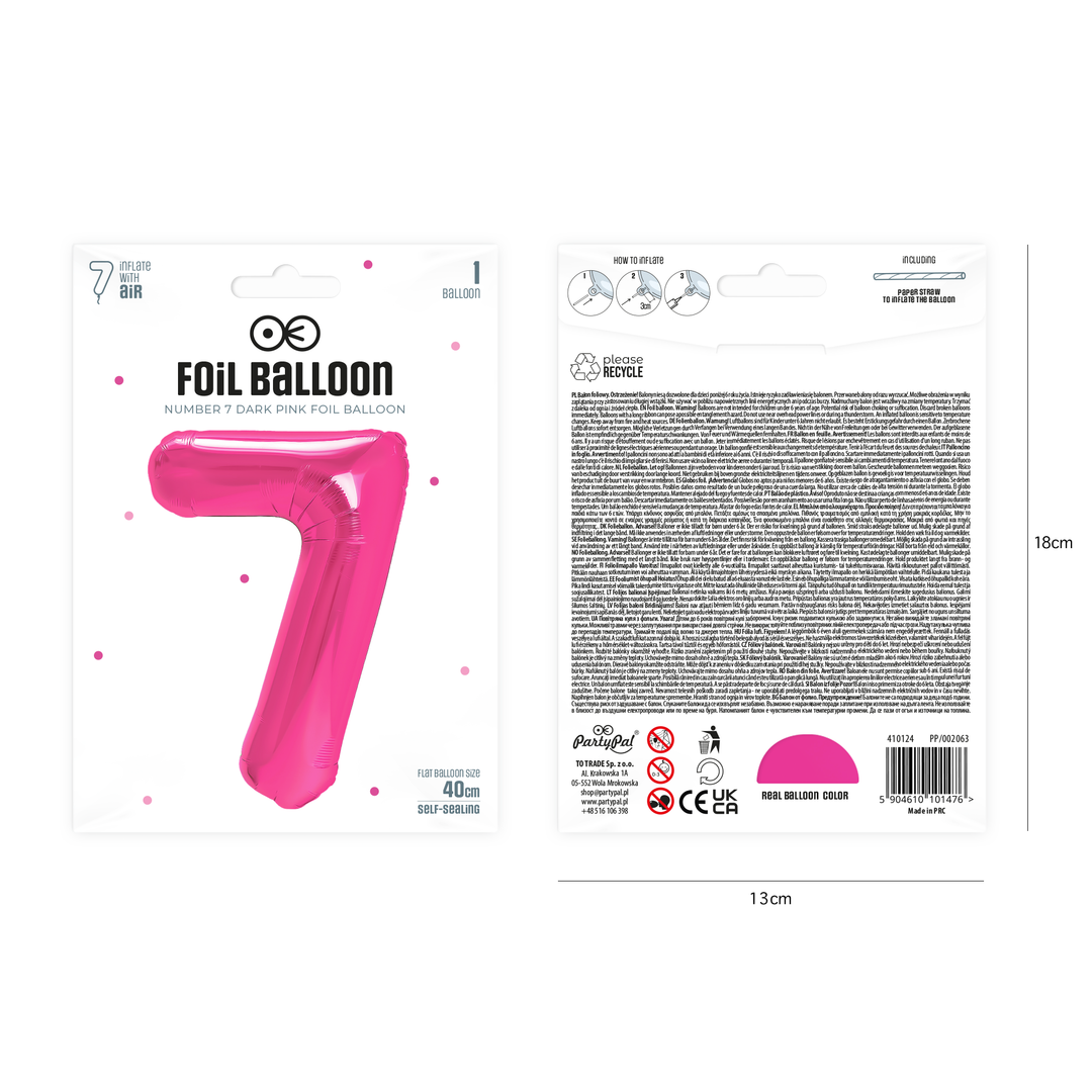 Balon foliowy cyfra 7 ciemnoróżowy 40cm