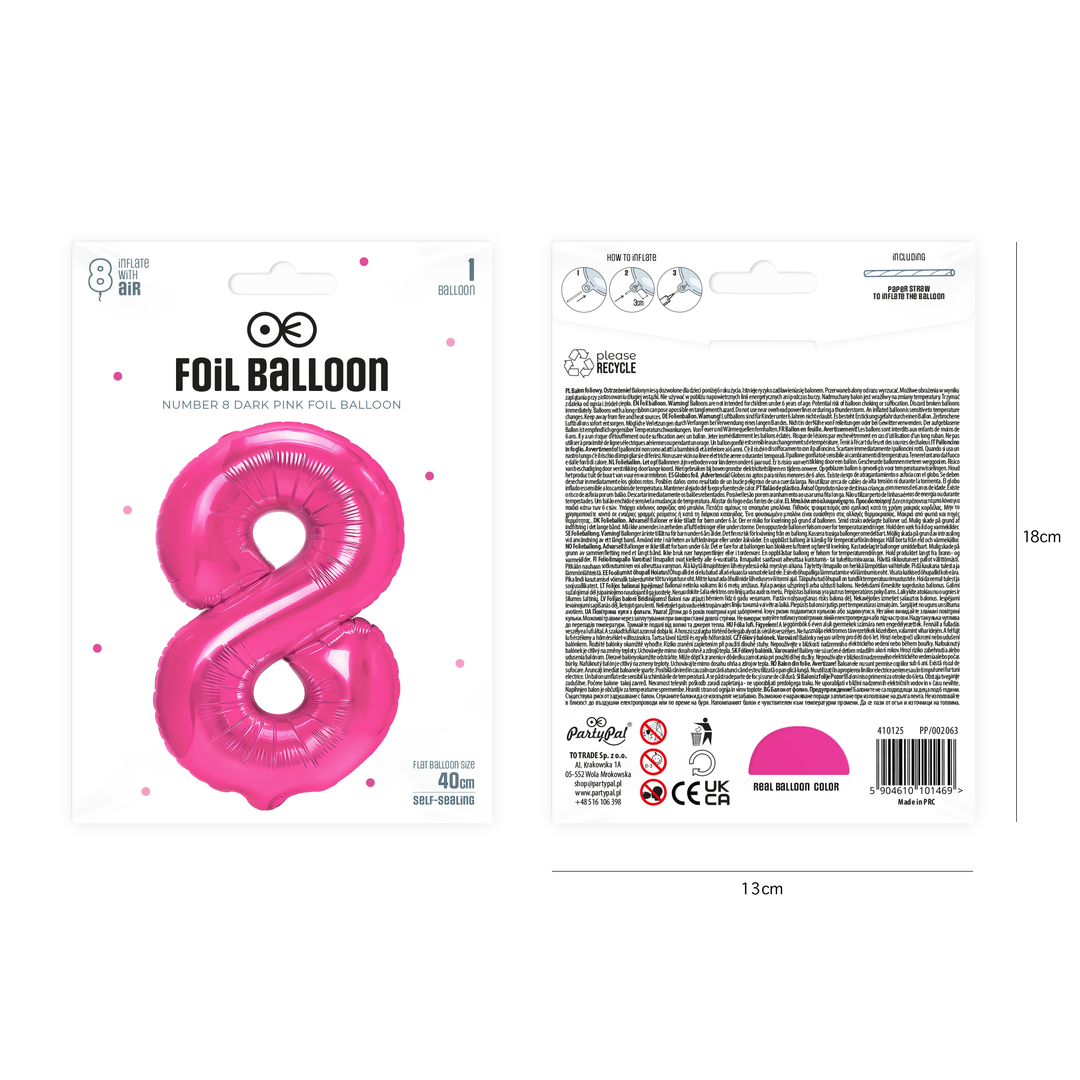 Balon foliowy cyfra 8 ciemnoróżowy 40cm