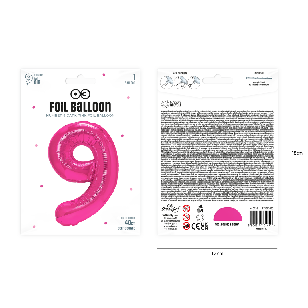 Balon foliowy cyfra 9 ciemnoróżowy 40cm