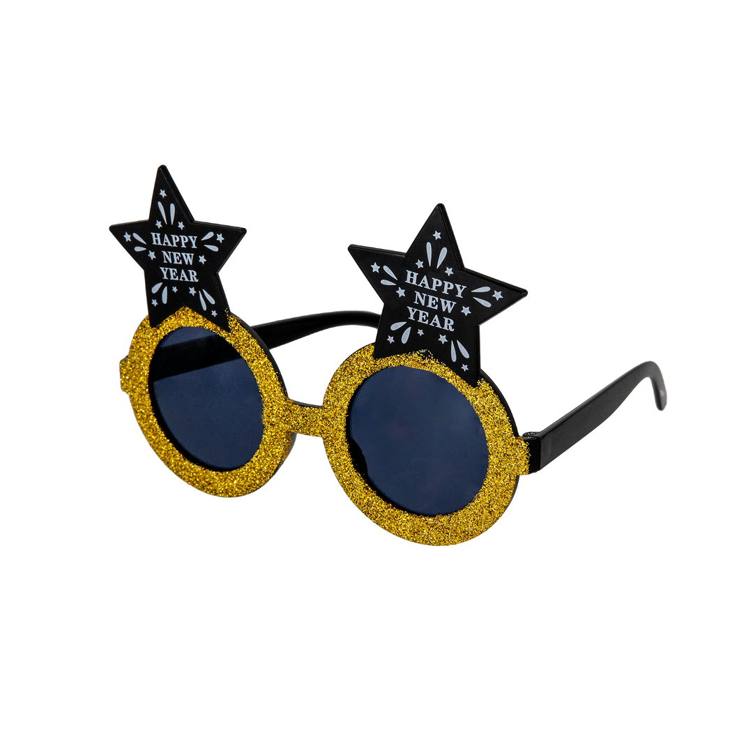 Imprezowe okulary Happy New Year gwiazdki czarno-złote 1szt.