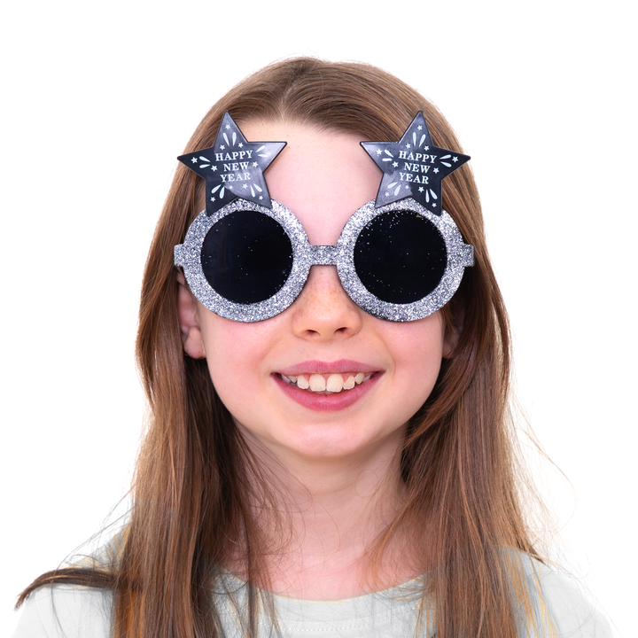 Imprezowe okulary Happy New Year gwiazdki czarno-srebrne 1szt.