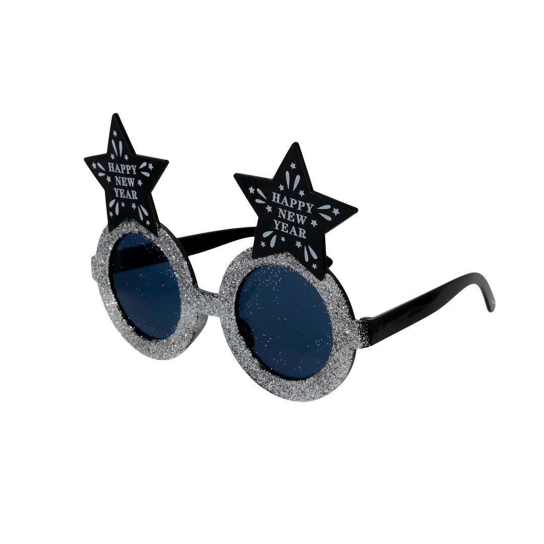 Imprezowe okulary Happy New Year gwiazdki czarno-srebrne 1szt.