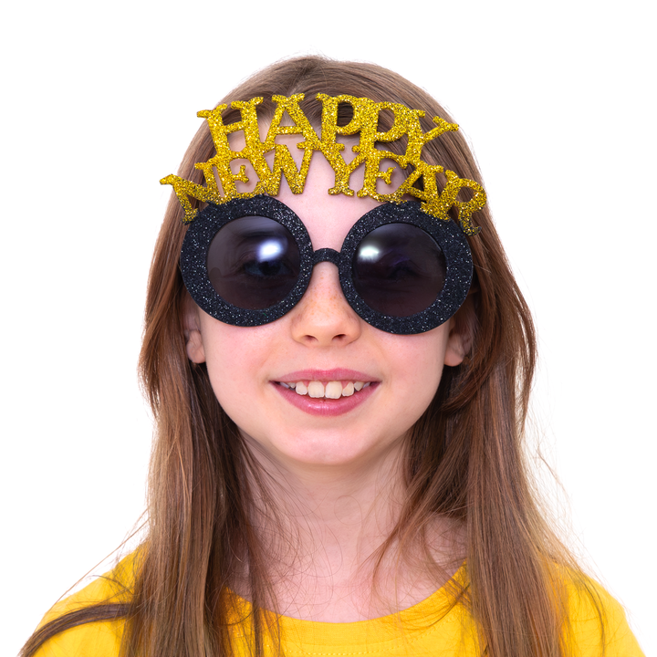 Imprezowe okulary Happy New Year czarno-złote 1szt.