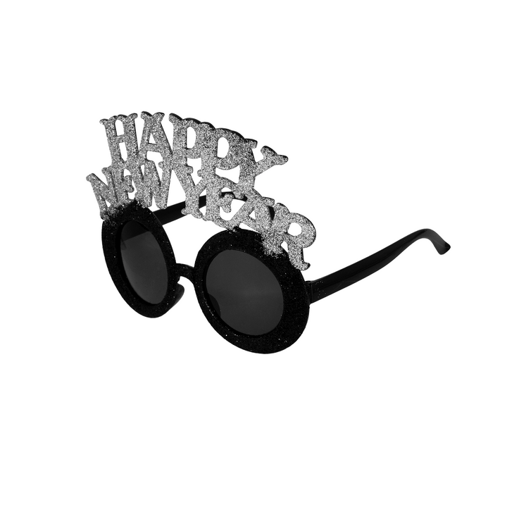 Imprezowe okulary Happy New Year czarno-srebrne 1szt.