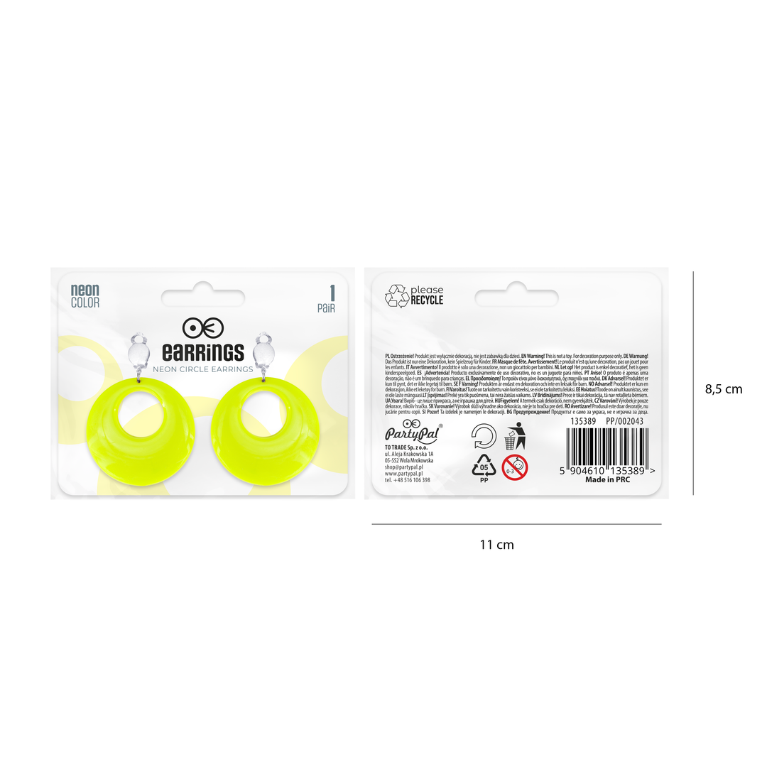Kolczyki neonowe Koła żółte klipsy 4,5cm
