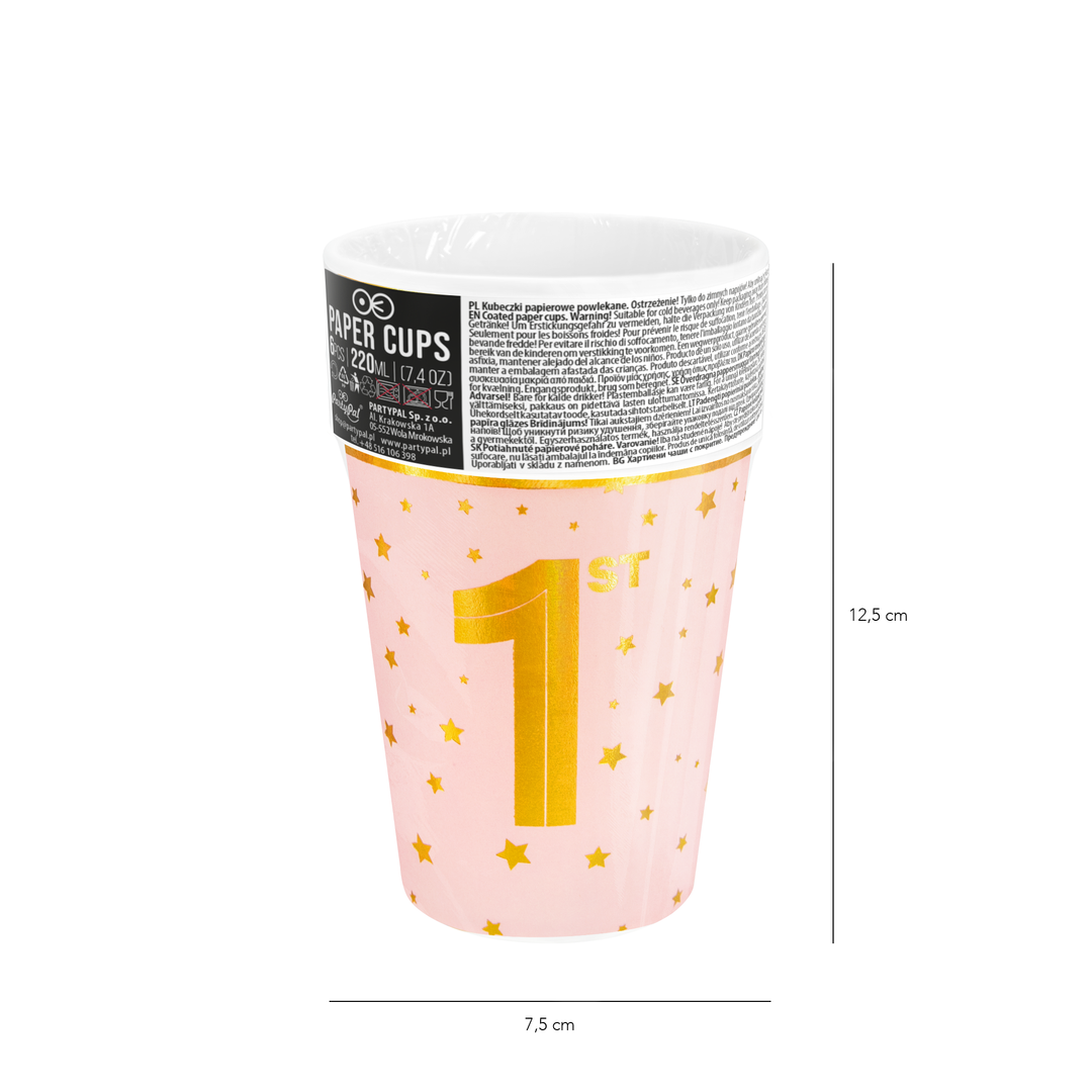 Kubek różowy w złote gwiazdki Roczek 220ml 6szt.