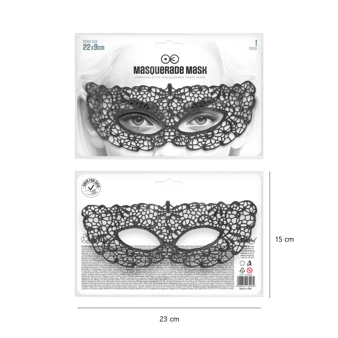 Maska wenecka Tajemnica koronkowa czarna  22,5x9cm - OUTLET