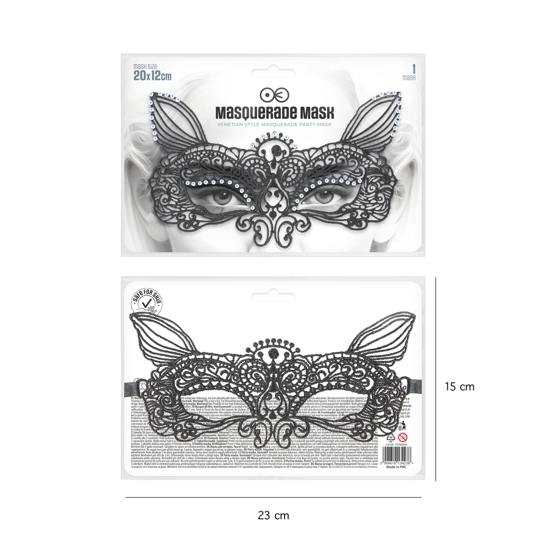 Maska wenecka Wilk z diamencikami koronkowa czarna 22x12cm